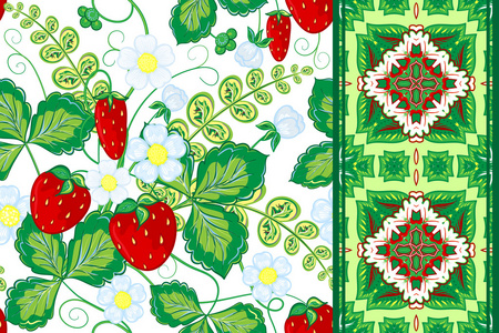 一套草莓无缝手绘矢量图案和缝线