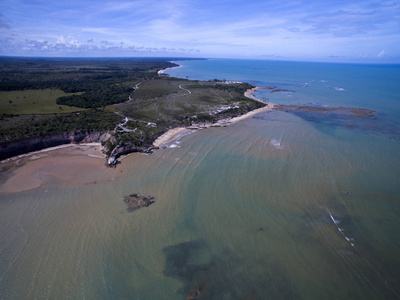 空中查看绿色的海洋，在巴西海滩海岸阳光明媚的日子