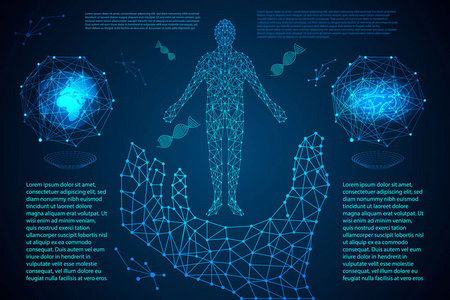 抽象科学概念人体数字保健与手连接世界与脑数字未来高科技背景设计