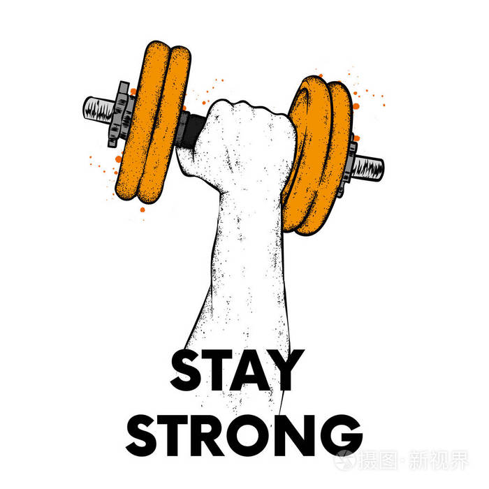 用哑铃手运动力量和健康明信片或海报的矢量插图用于衣服的打印