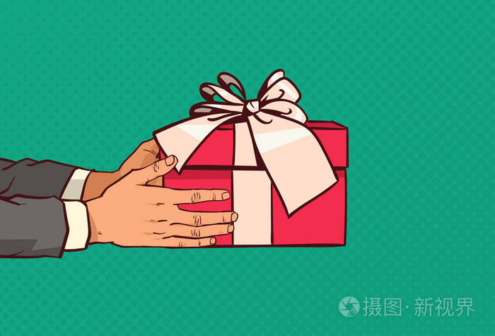 手捧红色礼品盒与弓礼物与节日事件结束漫画流行艺术背景