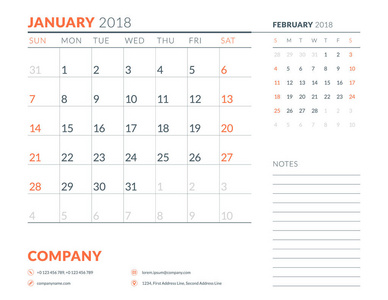2018 年 1 月。日历策划设计模板。周从星期日开始。文具设计