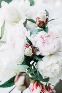 白色和淡粉色牡丹花花束特写