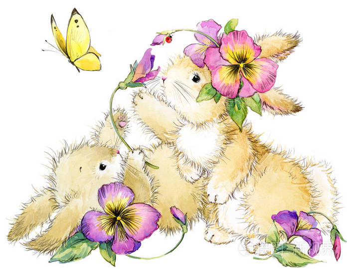 有趣的兔子和花水彩插图