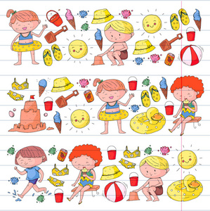 3横幅与孩子在愉快的夏天假日。幼儿园的孩子们。横幅, 海报, 涂鸦图标。海滩, 旅行冒险
