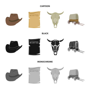 牛仔帽, 被搜查, 推车, 公牛头骨。野生西集图标卡通, 黑色, 单色风格矢量符号股票插画网站