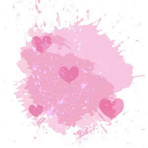 抽象水彩现货背景与粉红色的心。孤立在白色的水花纹理背景