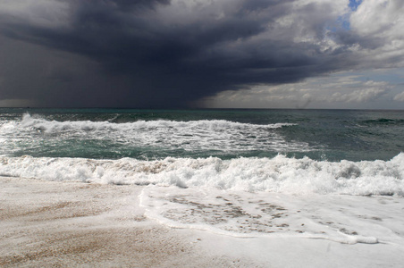 海上大风暴的看法。大风和大浪在黑暗的天空下飞溅。安塔利亚, 土耳其