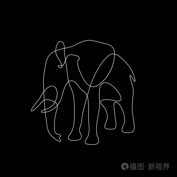 抽象的大象黑色背景上的孤立矢量轮廓