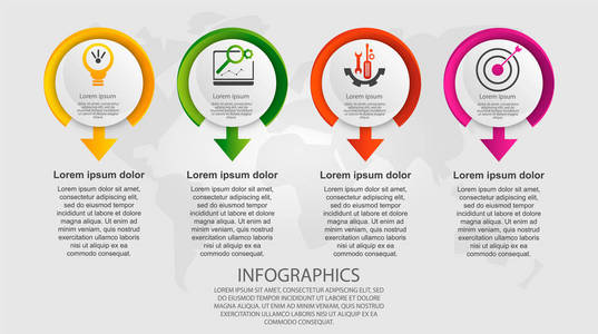 现代矢量插画3d。模板圆图表有四个元素和箭头。专为商务演示网页设计4步选项零件或流程设计的图表