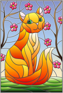 彩色玻璃风格的插图与红猫对天空和树枝