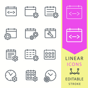 设置日历向量图标设置。为图形和 web 设计隔离的黑色插图。可编辑描边