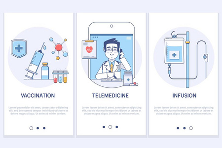医疗理念。远程医疗. 在线医学咨询。注射器和疫苗。医疗输液. Ux Ui Gui 屏幕模板, 用于智能电话或网站横幅。现代细线笔