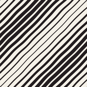 矢量无缝黑色和白色手绘斜向波浪线模式。抽象写意背景设计