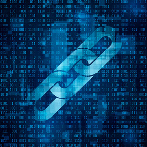 链符号。二进制代码上的 Blockchain 超链接符号。抽象的蓝色矩阵背景。数字大数据流信息。Cryptocurrency 和