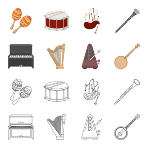 班卓琴, 钢琴, 竖琴, 节拍器。乐器集合图标在卡通, 轮廓风格矢量符号股票插画网站
