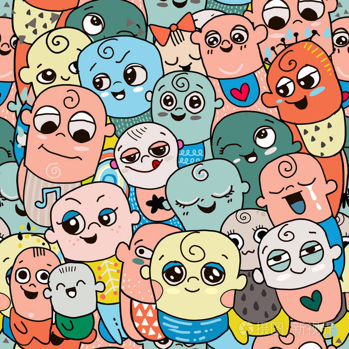 矢量插图的涂鸦可爱的婴儿背景, 矢量手绘素描婴儿, 矢量无缝模式