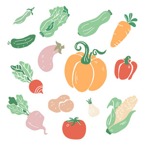 手绘五颜六色的涂鸦蔬菜。草绘样式矢量集合。蔬菜平面图标设置 黄瓜, 胡萝卜, 洋葱, 西红柿, 萝卜, 胡椒, 马铃薯, 豌豆