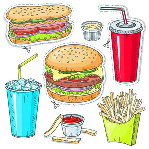 漫画风格五颜六色的图标, 设置快餐, 汉堡包, 热狗, 饮料