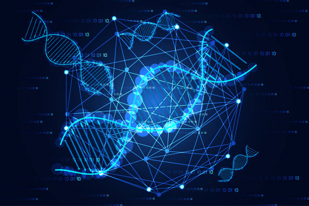技术科学概念 Dna 与高科技蓝色背景数字链接