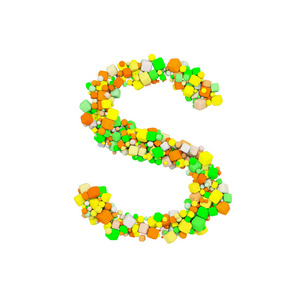 字母大写。由橙色绿色和黄色形状立方体组成的滑稽字体。3d 渲染在白色背景下被隔离