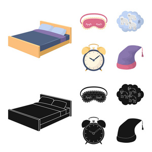 一张床, 一只眼罩, 数着公羊, 一个闹钟。休息和睡眠集图标在卡通, 黑色风格矢量符号股票插画网站