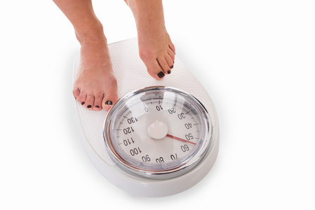 站在体重秤上的女人照片