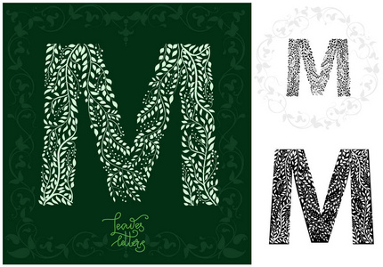 用装饰树叶制作的字母 M。可以用作初始字母, 字母组合, 标识和任何其他设计