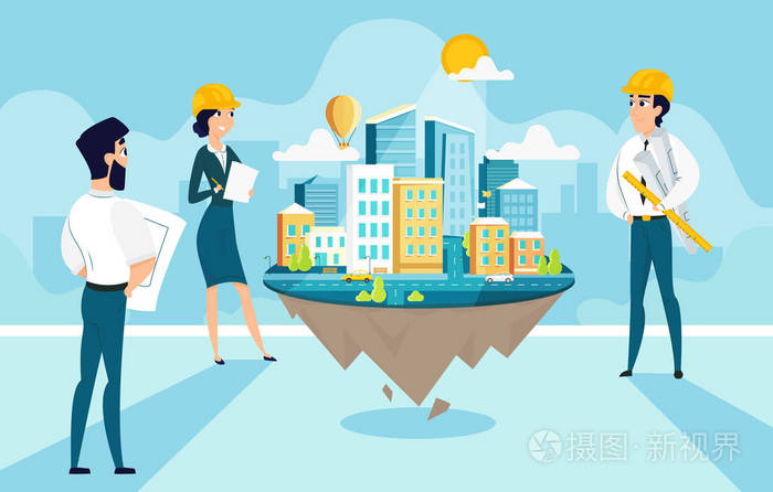 集团建筑师创建和工程项目的城市.卡通人物的团队工作