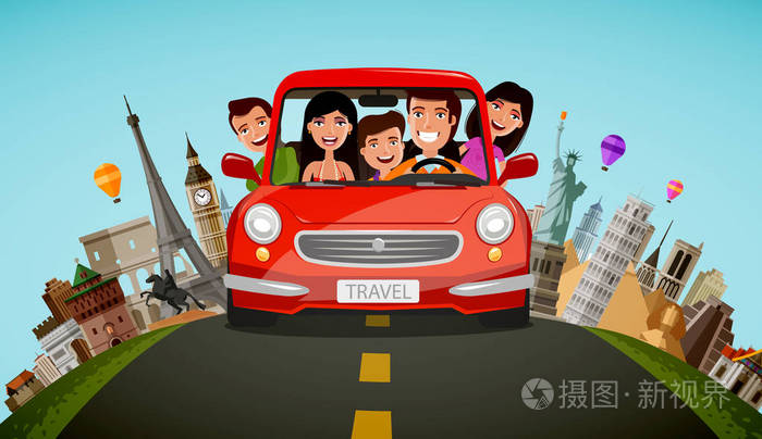 快乐的家庭乘坐汽车在假期旅途旅行概念卡通矢量插画