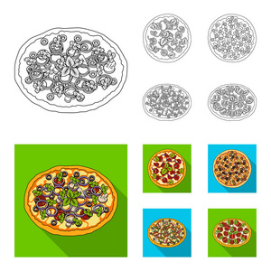 比萨饼配肉, 奶酪和其他馅料。不同的比萨集合图标的轮廓, 平面风格矢量符号股票插画网站