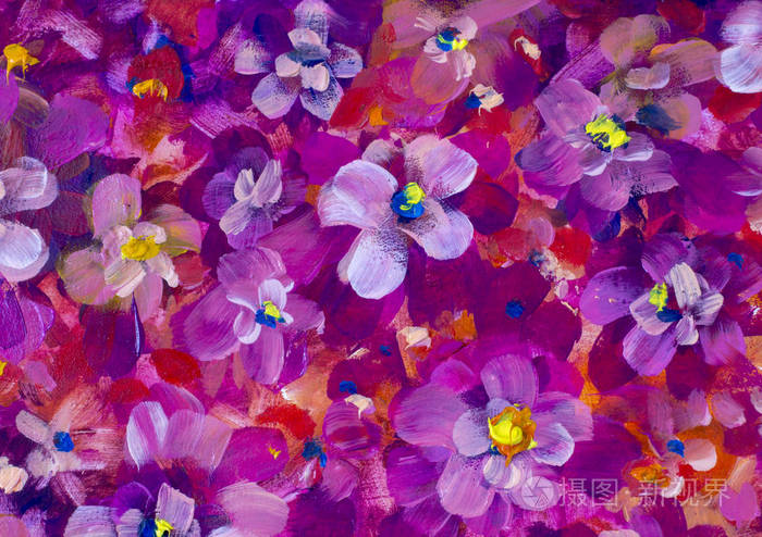 红色, 黄色, 蓝色, 紫色抽象的花朵.宏 impasto 画