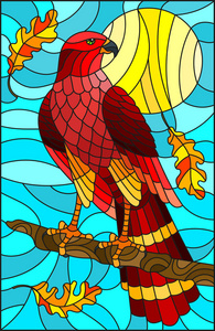 插图在彩色玻璃风格与神话般的红色猎鹰坐在树枝对天空