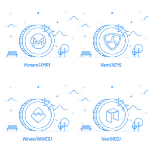 平 sytle cryptocurrency 硬币像 Monero, Nem, 波浪, 和