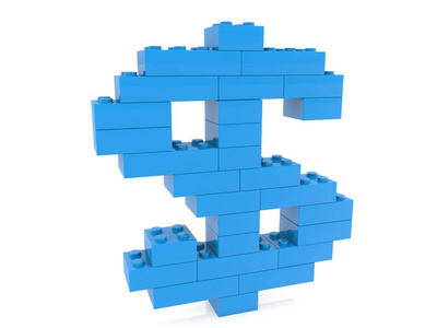 由玩具砖建造的蓝色美元符号. 3 d 例证