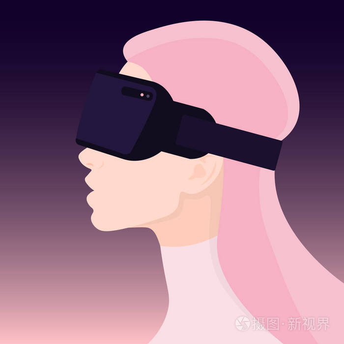 vr 世界.女性简介.虚拟现实眼镜.惊讶的脸.矢量插图