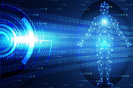 抽象技术概念现代圆蓝光与人的数字技术在高科技二元背景下的应用