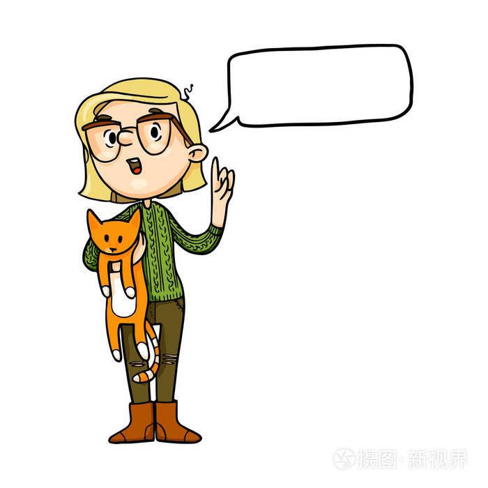 可爱的说卡通女孩与姜猫语音气泡为空矢量分离手画字符