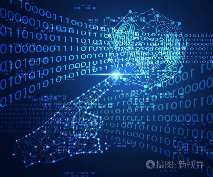 抽象技术概念手数字链接与世界数字未来二元高科技背景