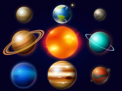 太阳系中的行星。月亮和太阳, 水星和地球, 火星和金星, 木星或者土星和冥王星。天文星系空间。标签的复古风格