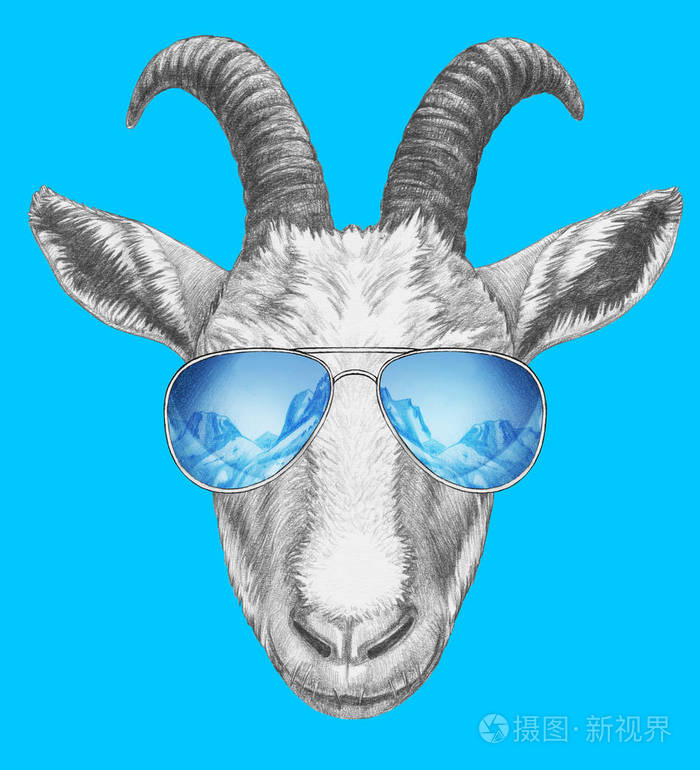 飞行员太阳镜中山羊的滑稽素描肖像蓝色的山脉反射