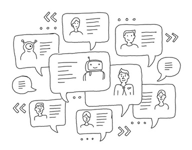 聊天信息互联网通信.素描手绘绘画.带有消息的窗口.