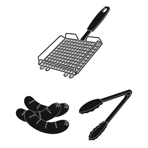 烧烤和设备黑色图标集合中的设计。野餐和油炸食品矢量符号股票网页插图