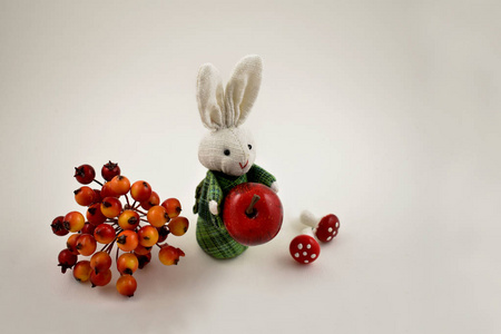 白兔玩具股票图像。复活节兔子在白色背景。秋天静物与兔子