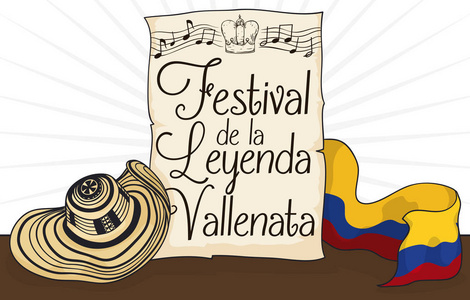 Vueltiao 帽子旗帜和卷轴推广 Vallenato 传奇节, 矢量插画