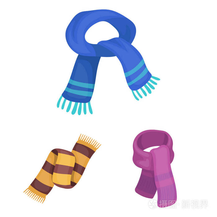 围巾和披肩卡通图标集的设计.服装和辅助向量符号库存 web 插图