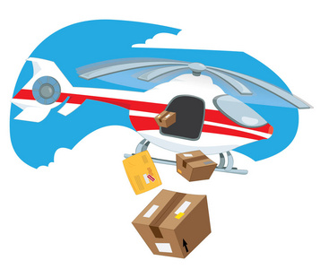 一种矢量卡通, 代表一架飞向空中的直升机, 并发送一些邮政产品, 如