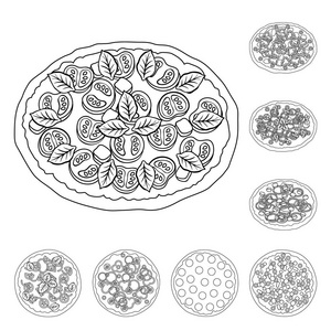 不同的比萨饼轮廓图标集合中的设计。比萨食物矢量符号股票网页插图
