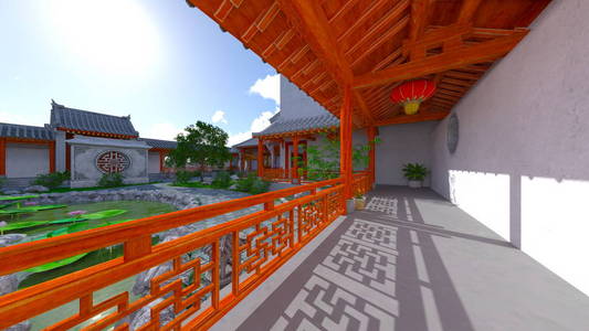 中式住宅与庭院 courtyard3d Cg 渲染