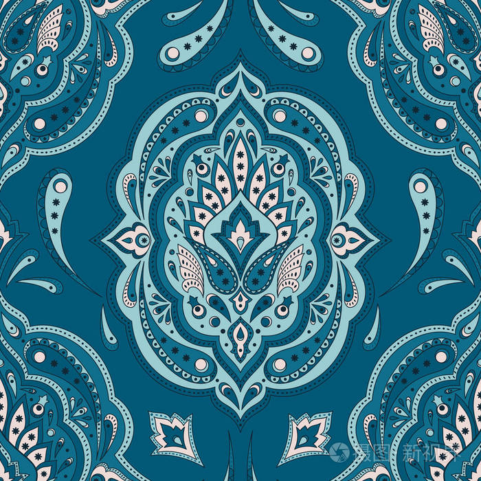 花卉印度佩斯利图案矢量无缝.古老的花族装饰蜡染布.